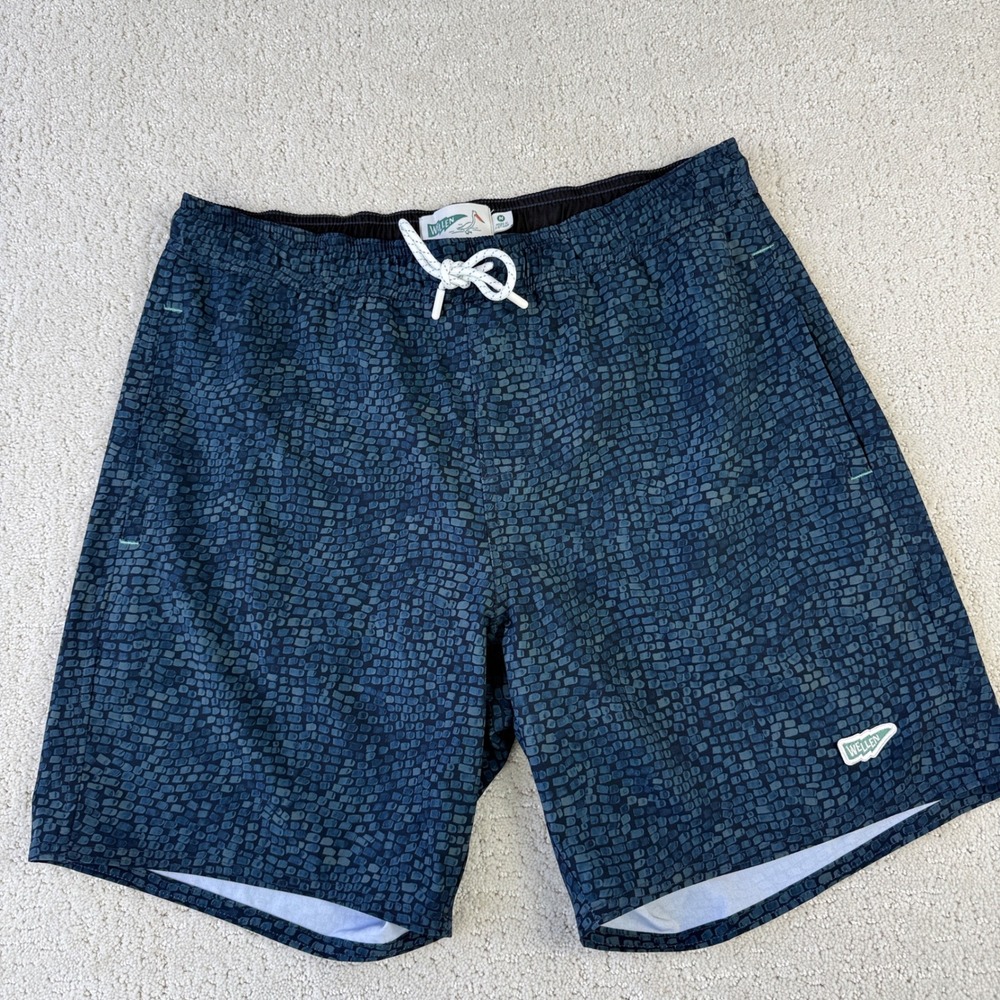 Wellen Swim Trunks Men M Blue Mosaic Print Elastic Waist Mesh Lined Board Shorts